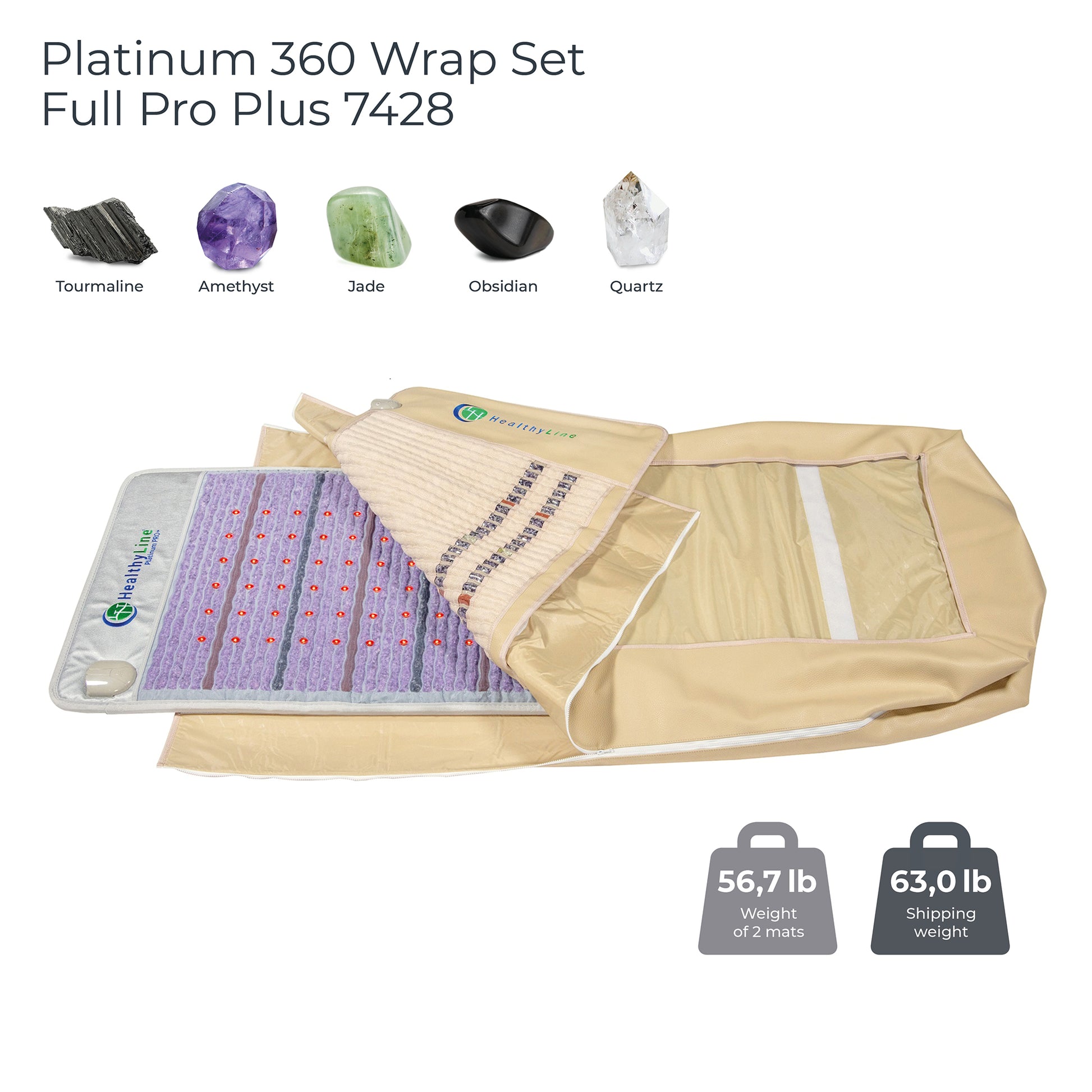 An open tan case reveals a stone-studded mat from the HealthyLine 360 Wrap Set™ Platinum & SOFT Full Pro PLUS 7428. Icons of Tourmaline, Amethyst, Jade, Obsidian, and Quartz hover above. Weights are 56.7 lb and 63.0 lb, showcasing advanced Photon PEMF gemstone technology.