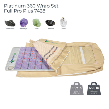 An open tan case reveals a stone-studded mat from the HealthyLine 360 Wrap Set™ Platinum & SOFT Full Pro PLUS 7428. Icons of Tourmaline, Amethyst, Jade, Obsidian, and Quartz hover above. Weights are 56.7 lb and 63.0 lb, showcasing advanced Photon PEMF gemstone technology.