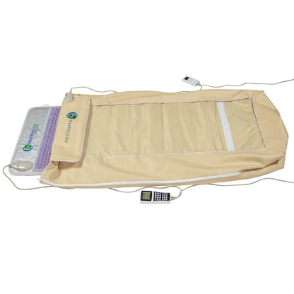 Displayed is the beige, foldable 360 Wrap Set™ Platinum & SOFT Full Pro PLUS 7428 from HealthyLine. It features advanced gemstone technology, a control panel with attached wires and remote controls for adjustments, ensuring a full-body therapeutic experience.
