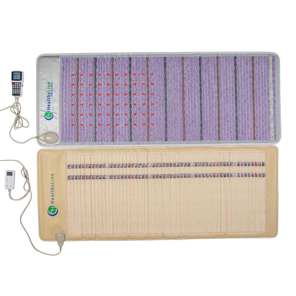 The "HealthyLine 360 Wrap Set™ Platinum" includes two mats: a purple top mat with red light therapy and a beige bottom mat with stripes. Both offer a full-body experience and have attached wired controllers.