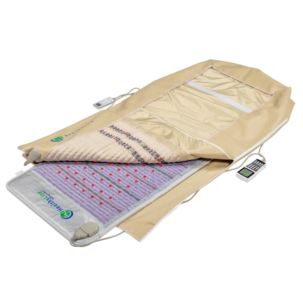 The 360 Wrap Set™ Platinum & SOFT Full Pro PLUS 7428, from HealthyLine's Photon Advanced PEMF InfraMat Pro®, offers a therapeutic full-body experience with a quilted beige cover, an electronic control panel, small round light indicators, and a digital remote for easy adjustments.