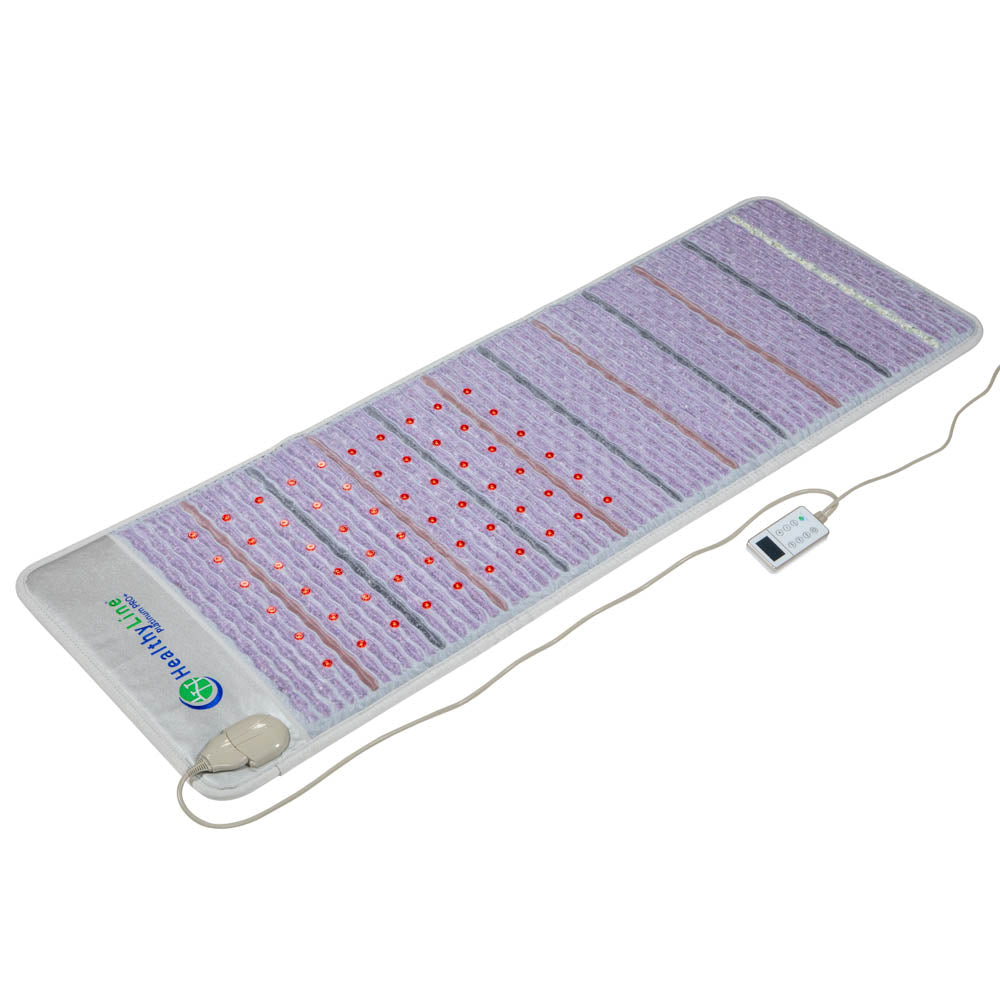 The Platinum Mat™ Full 7224 Firm - Photon Advanced PEMF InfraMat Pro® by HealthyLine is a rectangular, purple heating pad featuring embedded red lights and an intuitive wired control panel for easy settings adjustments. This sleek device incorporates gemstone heat therapy for enhanced relaxation, beautifully displayed flat on a white surface.