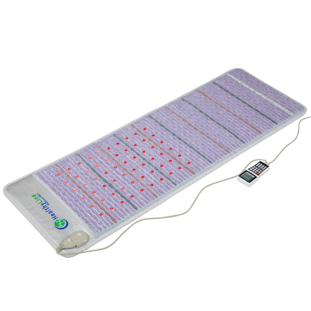 The Platinum Mat™ Full 7224 Firm - Photon Advanced PEMF InfraMat Pro® by HealthyLine is a rectangular heating pad with a white surface featuring embedded red lights. It includes a control panel and attached power cord, and is elegantly designed with purple and white striped patterns to enhance its gemstone heat therapy benefits.