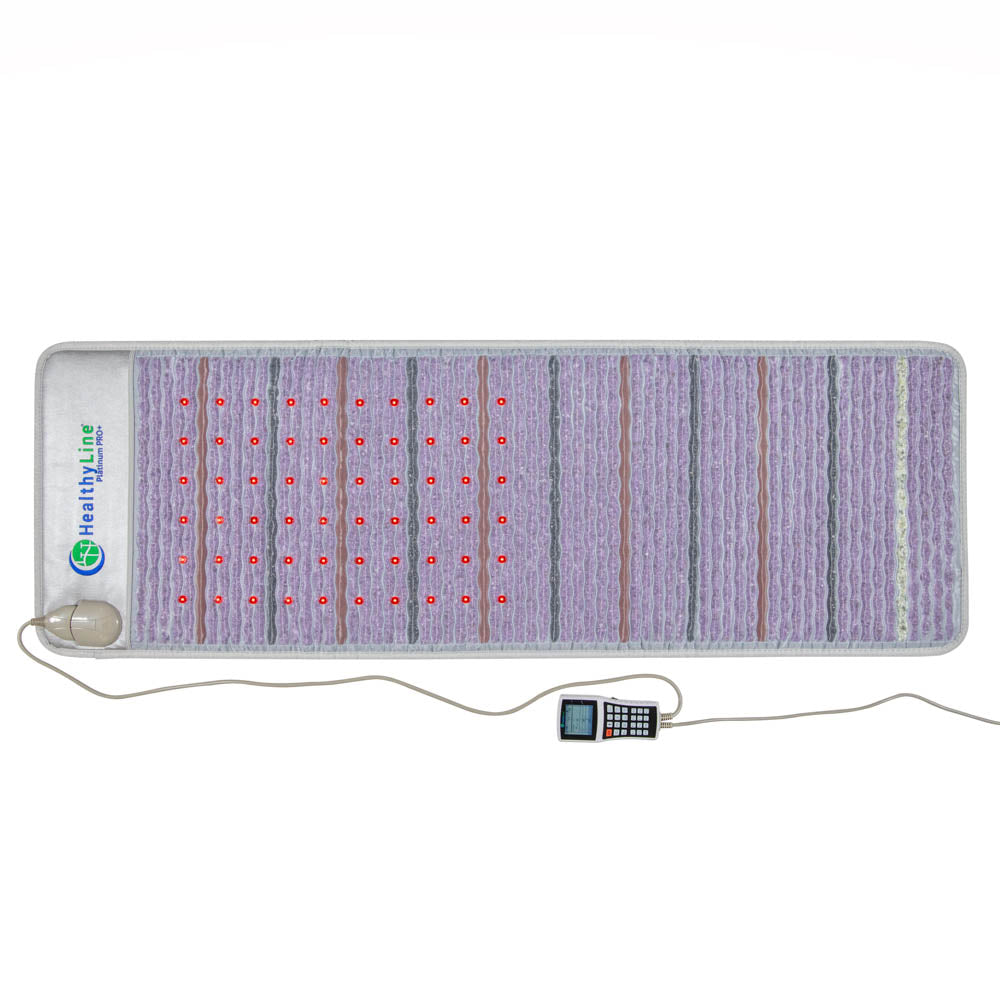 The Platinum Mat™ Full 7224 Firm - Photon Advanced PEMF InfraMat Pro® by HealthyLine features a rectangular heating surface with rows of small red lights on one side. The mat is designed in varying shades of purple and incorporates a PEMF system along with gemstone heat therapy for enhanced wellness, all connected to a controller via a cord.