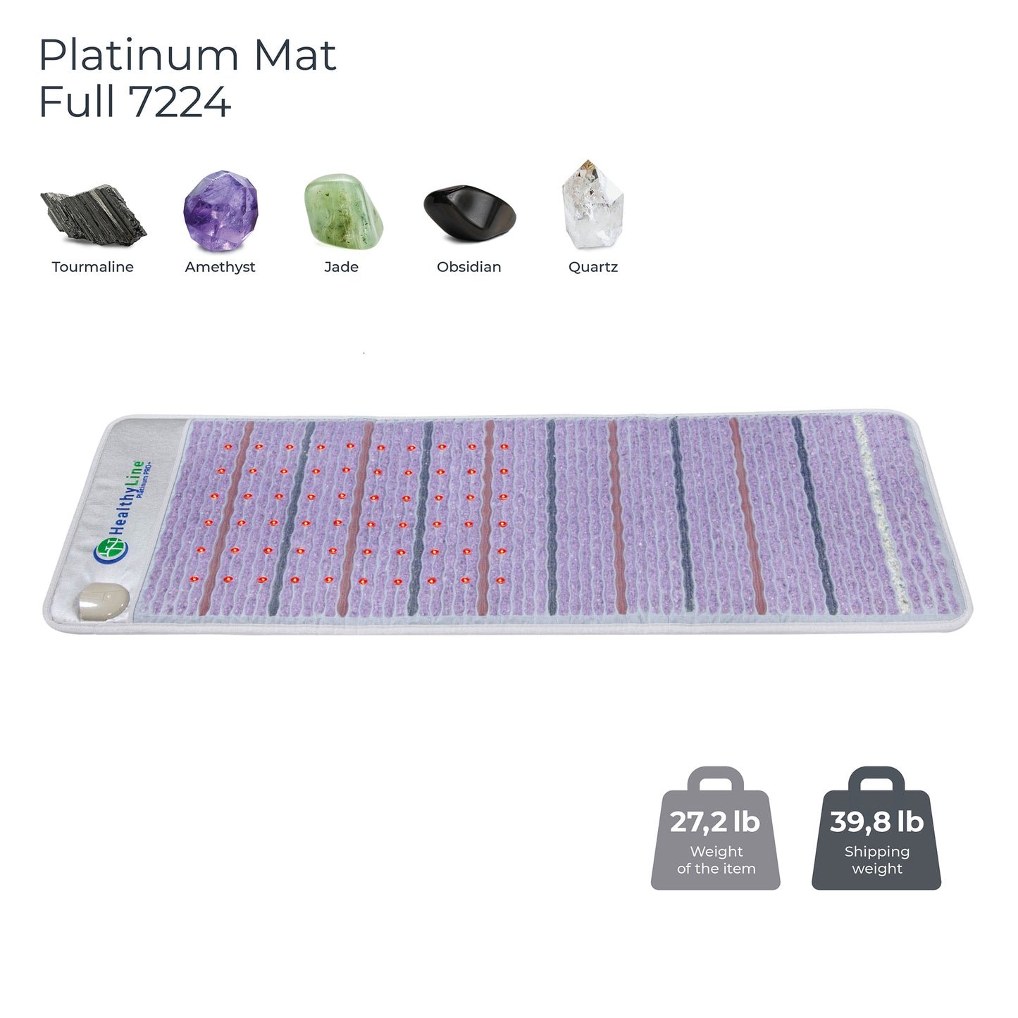 Image of the Platinum Mat™ Full 7224 Firm - Photon Advanced PEMF InfraMat Pro® by HealthyLine, a rectangular mat designed for gemstone heat therapy featuring embedded stones such as tourmaline, amethyst, jade, obsidian, and quartz. It includes LED indicators and an optional PEMF system. The mat weighs 27.2 lb with a shipping weight of 39.8 lb.