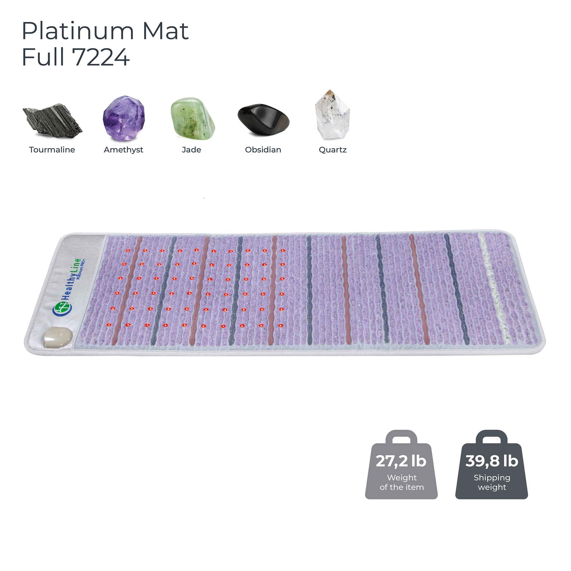 Image of the Platinum Mat™ Full 7224 Firm - Photon Advanced PEMF InfraMat Pro® by HealthyLine, a rectangular mat designed for gemstone heat therapy featuring embedded stones such as tourmaline, amethyst, jade, obsidian, and quartz. It includes LED indicators and an optional PEMF system. The mat weighs 27.2 lb with a shipping weight of 39.8 lb.