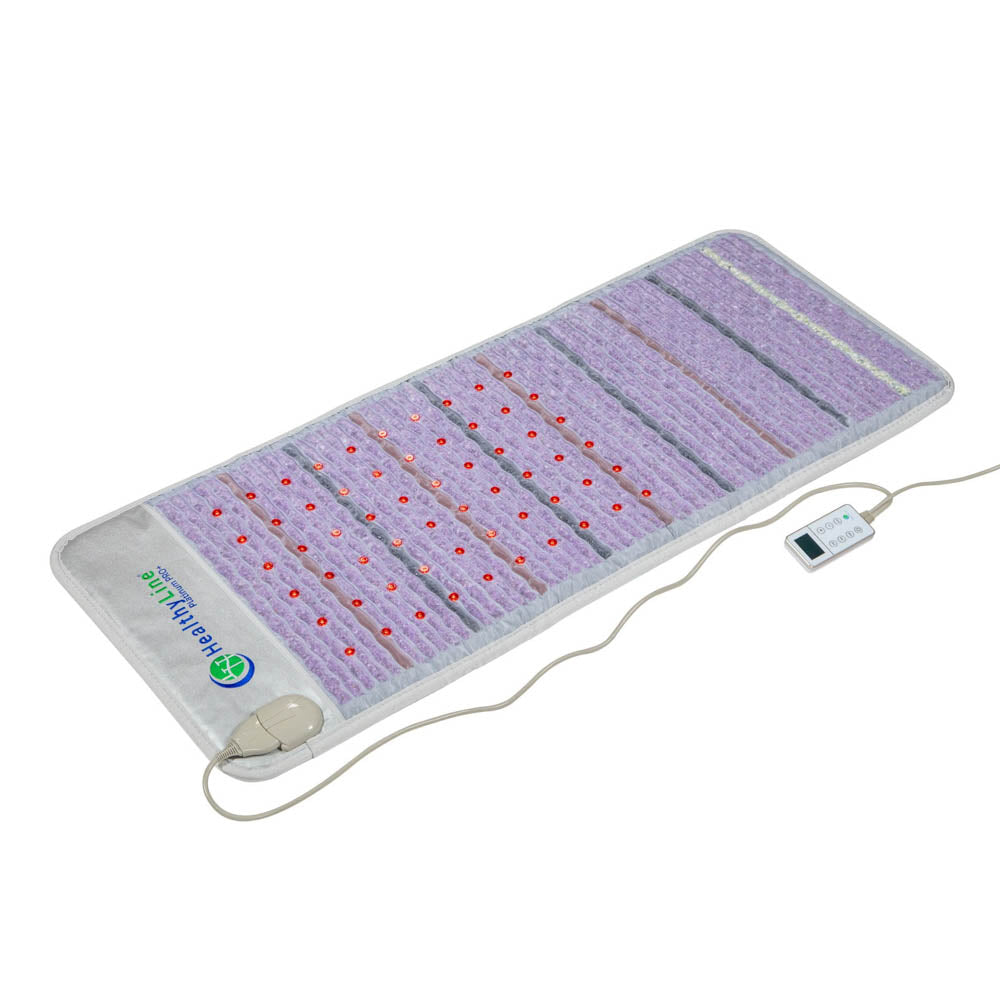 The HealthyLine Platinum Mat Full Short 6024 features a lavender surface, 30 red Photon LEDs, advanced PEMF technology, and a corded digital controller, shown on a white background.