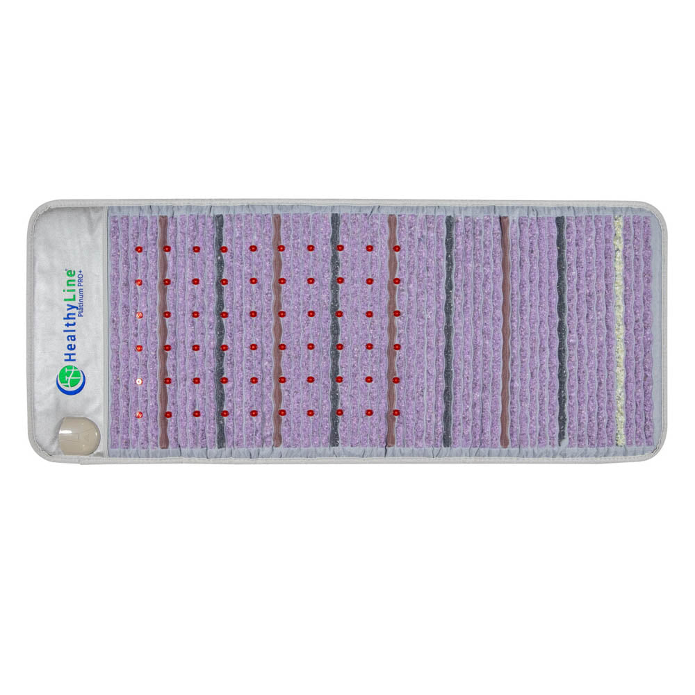 The HealthyLine Platinum Mat Full Short 6024 features alternating purple, red, and gray stones, 30 photon LEDs, advanced PEMF, a white border, the brand logo on the left, and a beige control unit attached in one corner.