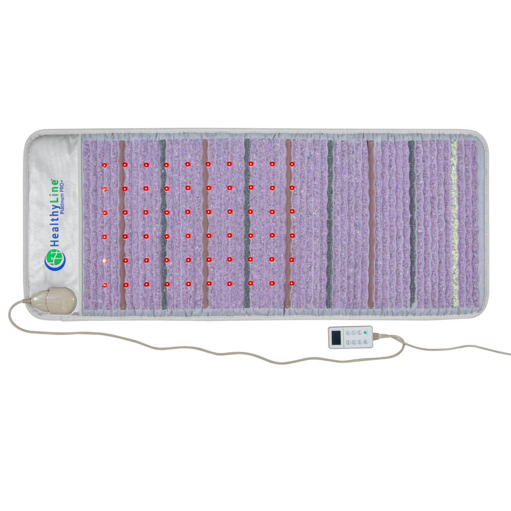 The HealthyLine Platinum Mat Full Short 6024 features rows of purple and brown crystals, 30 red photon LEDs, advanced PEMF technology, a white corded controller, and the "HealthyLine" logo on the left side.