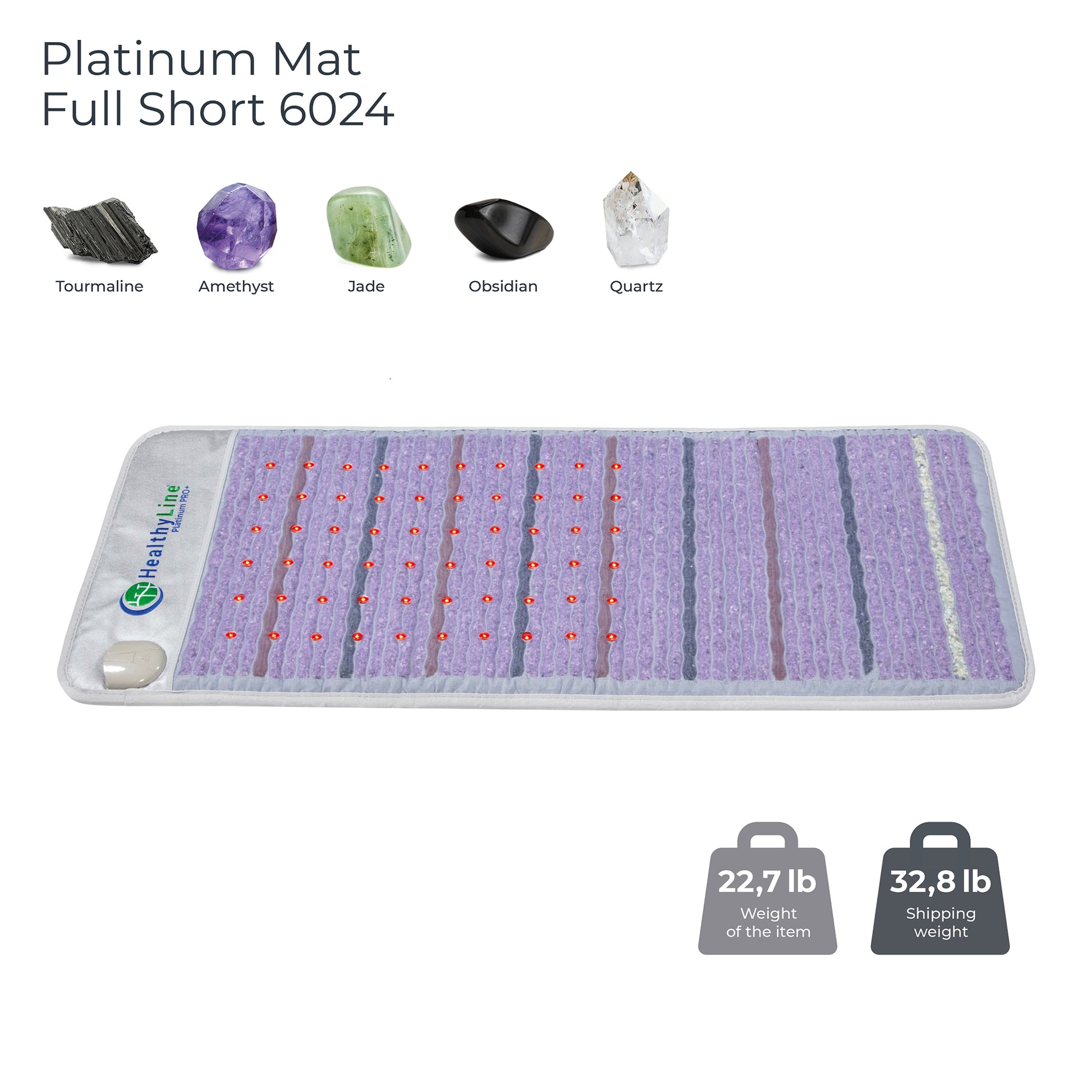 A rectangular purple HealthyLine Platinum Mat Full Short 6024 with 30 Photon LED and advanced PEMF is shown next to tourmaline, amethyst, jade, obsidian, and quartz images. Text reads “Platinum Mat Full Short 6024.” Weights: 22.7 lb & 32.8 lb.