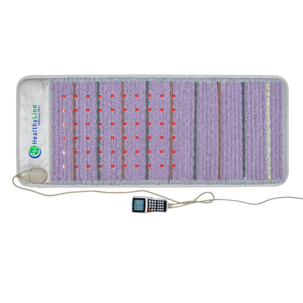 The HealthyLine Platinum Mat Full Short 6024 features purple crystal-like sections, 30 red photon LEDs, advanced customizable PEMF, a white wired controller, and the “HealthyLine” logo on the left side.