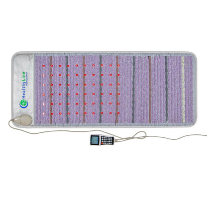 The HealthyLine Platinum Mat Full Short 6024 features purple crystal-like sections, 30 red photon LEDs, advanced customizable PEMF, a white wired controller, and the “HealthyLine” logo on the left side.