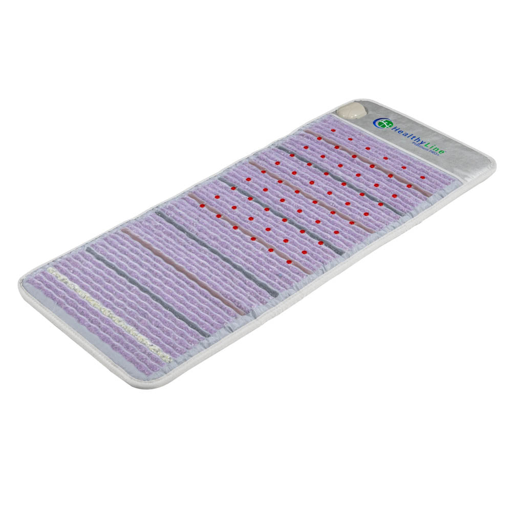 The Platinum Mat Full Short 6024 by HealthyLine features a rectangular purple design with textured stripes, embedded oval stones, 30 red photon LEDs, advanced PEMF, a circular control unit at one corner, and the "HealthyLine" logo at the top.