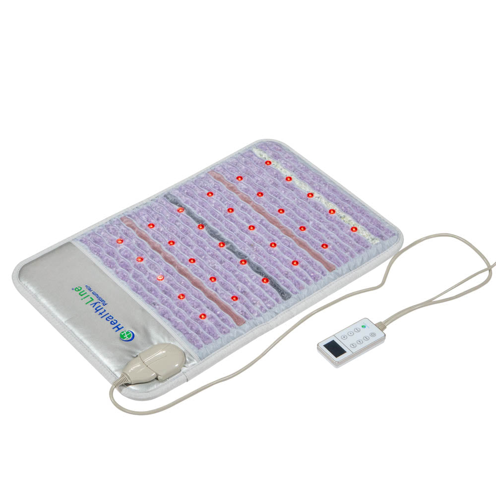 The Platinum Mat™ Medium 3220 Firm - Photon Advanced PEMF InfraMat Pro® by HealthyLine showcases a rectangular therapy pad with a calming purple surface integrated with photon lights. It comes equipped with a wired control unit featuring buttons and a small display, beautifully contrasted against a flat white background.