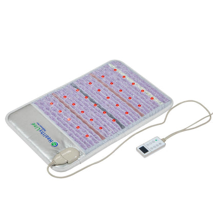 The Platinum Mat™ Medium 3220 Firm - Photon Advanced PEMF InfraMat Pro® by HealthyLine showcases a rectangular therapy pad with a calming purple surface integrated with photon lights. It comes equipped with a wired control unit featuring buttons and a small display, beautifully contrasted against a flat white background.