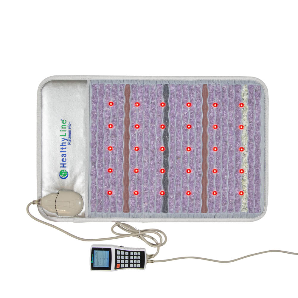 The Platinum Mat™ Medium 3220 Firm - Photon Advanced PEMF InfraMat Pro® is a rectangular therapy device with purple and silver sections. It features photon lights and multiple red lights, all managed through a connected control device that displays various settings. The "HealthyLine" branding is prominently visible on the side.