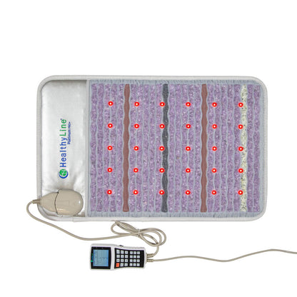 The Platinum Mat™ Medium 3220 Firm - Photon Advanced PEMF InfraMat Pro® is a rectangular therapy device with purple and silver sections. It features photon lights and multiple red lights, all managed through a connected control device that displays various settings. The "HealthyLine" branding is prominently visible on the side.