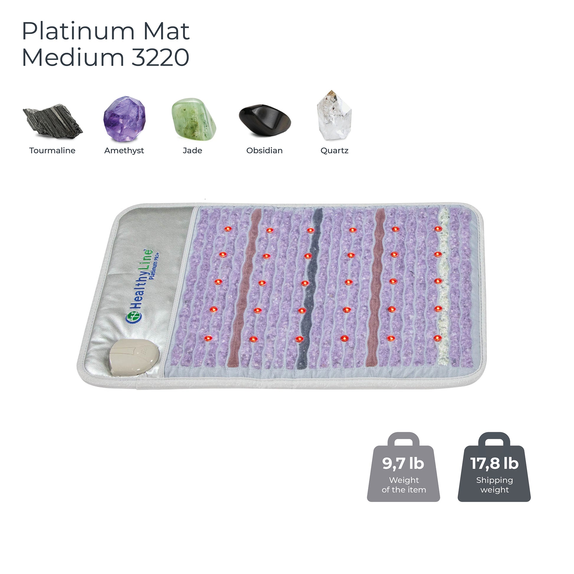 Image of the HealthyLine Platinum Mat™ Medium 3220 Firm - Photon Advanced PEMF InfraMat Pro®, embedded with tourmaline, amethyst, jade, obsidian, and quartz stones. It features red circular elements and photon lights to enhance wellness. Two icons indicate its weight: 9.7 lb for the product itself and 17.8 lb for shipping.