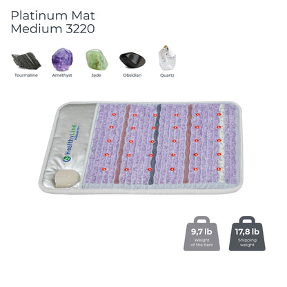 Image of the HealthyLine Platinum Mat™ Medium 3220 Firm - Photon Advanced PEMF InfraMat Pro®, embedded with tourmaline, amethyst, jade, obsidian, and quartz stones. It features red circular elements and photon lights to enhance wellness. Two icons indicate its weight: 9.7 lb for the product itself and 17.8 lb for shipping.