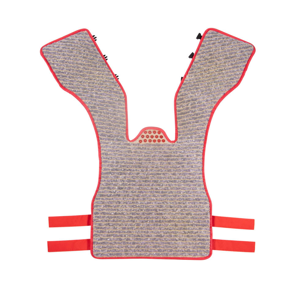 An overhead view of the Amethyst Vest Extra Large Soft - Photon PEMF InfraMat Pro® from HealthyLine, showcasing its distinctive red and gray Y-shape design. This textured massage mat is crafted to fit over a chair, featuring heated amethyst for enhanced relaxation and adjustable straps for secure attachment.