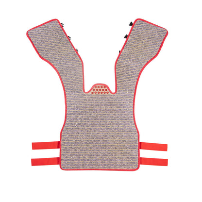 An overhead view of the Amethyst Vest Extra Large Soft - Photon PEMF InfraMat Pro® from HealthyLine, showcasing its distinctive red and gray Y-shape design. This textured massage mat is crafted to fit over a chair, featuring heated amethyst for enhanced relaxation and adjustable straps for secure attachment.