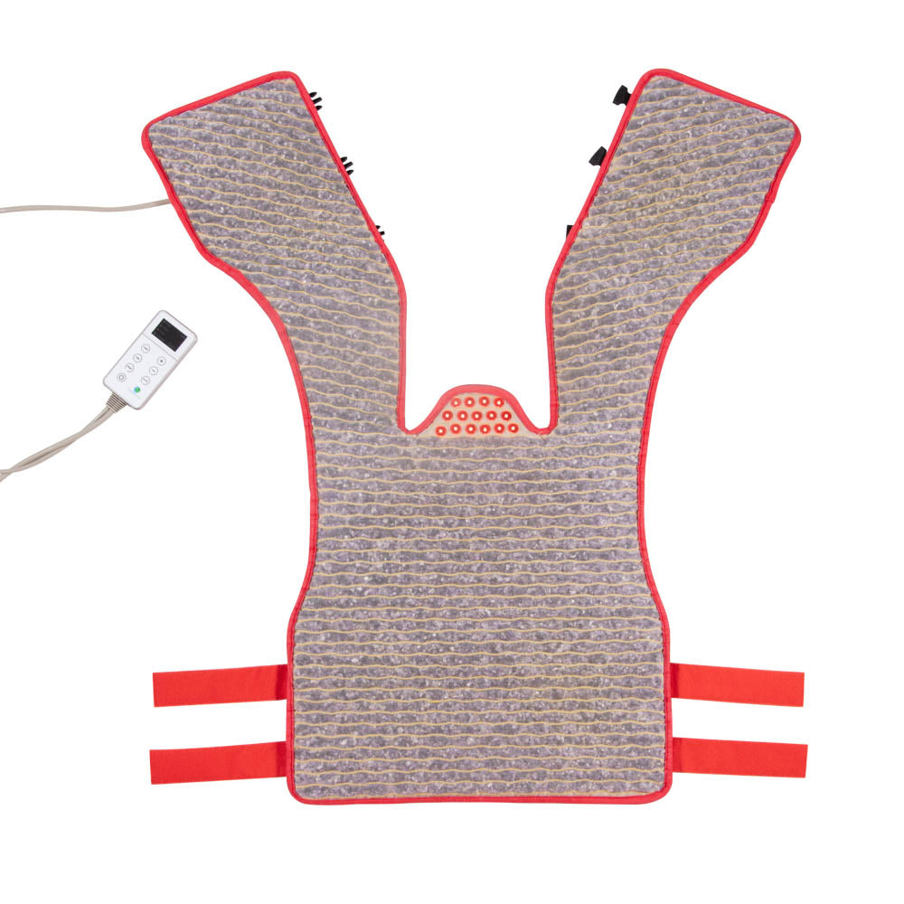 The Amethyst Vest Extra Large Soft - Photon PEMF InfraMat Pro® by HealthyLine is designed for enhanced relaxation with its textured fabric and red trim. It utilizes far infrared rays and features an attached control panel with a display screen for easy adjustment of settings. Additionally, side straps provide a secure fit, ensuring the vest stays in place.