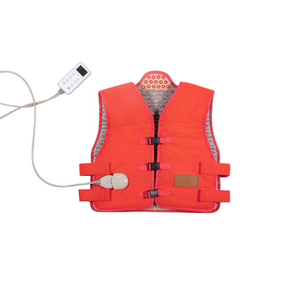 An extra-large, red medical vest with a quilted lining, designed by HealthyLine, includes adjustable straps and a wired remote control. The wires connect to a pad on the vest, offering therapeutic functions like PEMF therapy. The setting is against a plain white background. Its full name is the Amethyst Vest Extra Large Soft - Photon PEMF InfraMat Pro®.