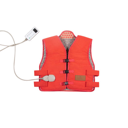 An extra-large, red medical vest with a quilted lining, designed by HealthyLine, includes adjustable straps and a wired remote control. The wires connect to a pad on the vest, offering therapeutic functions like PEMF therapy. The setting is against a plain white background. Its full name is the Amethyst Vest Extra Large Soft - Photon PEMF InfraMat Pro®.
