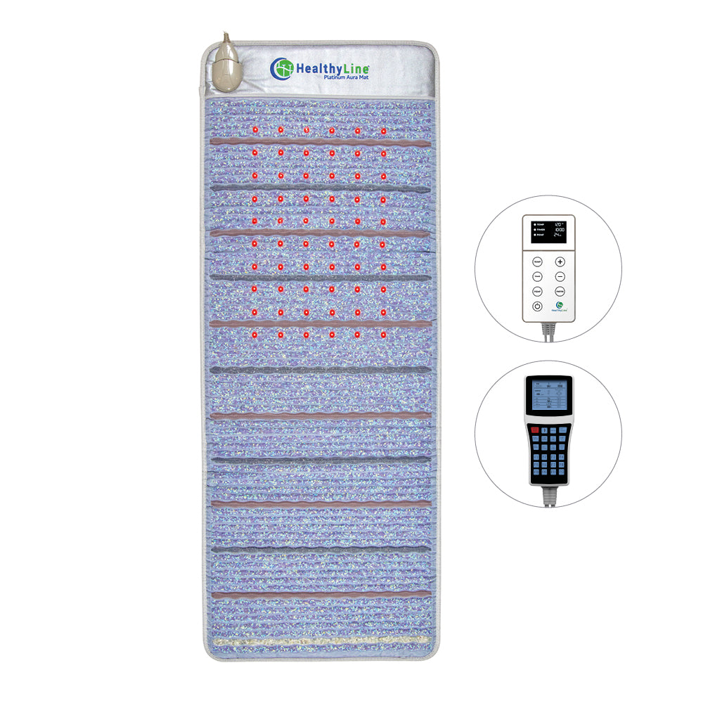 Image of a rectangular Platinum Aura Mat Full Pro PLUS 7428 Firm - Photon Advanced PEMF InfraMat Pro® with embedded red lights and labeled "HealthyLine," accompanied by two digital controllers for adjusting settings.