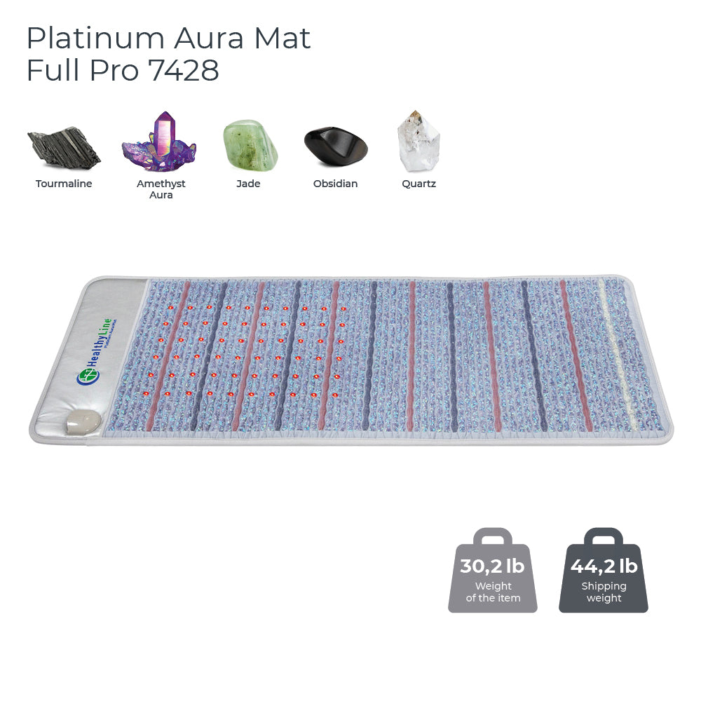 Explore the Platinum Aura Mat Full Pro PLUS 7428 Firm by HealthyLine, a luxurious mat featuring amethyst aura gemstones, tourmaline, jade, obsidian, and quartz. Weighing 30.2 lbs and shipping at 44.2 lbs, it seamlessly combines elegance with wellness benefits.