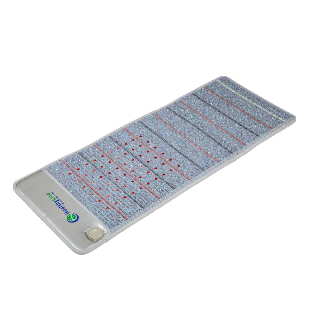 The Platinum Aura Mat Full Pro PLUS 7428 Firm by HealthyLine is a grey and red therapeutic mat with amethyst aura gemstones and small circular elements, featuring a control panel for enhanced functionality.