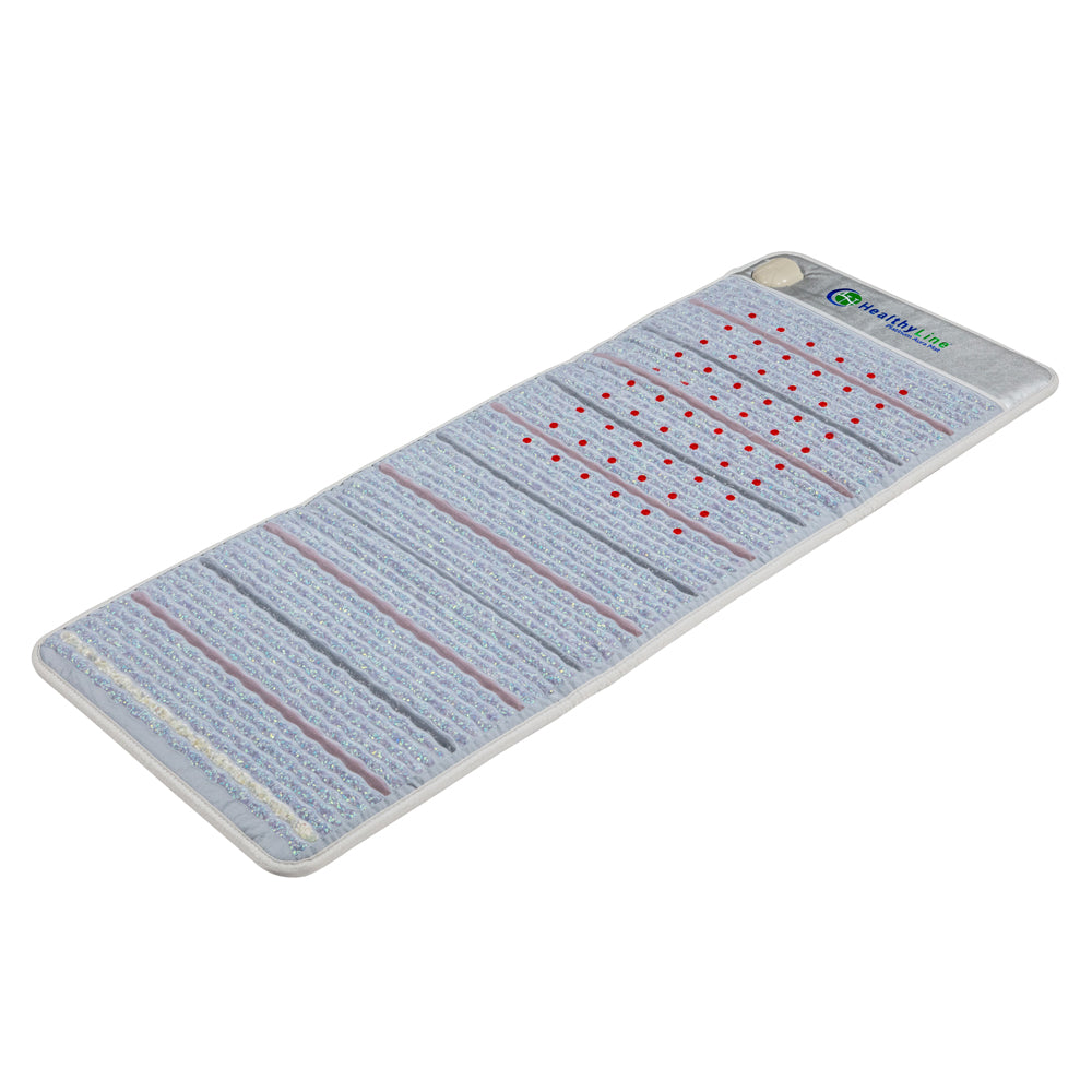 The HealthyLine Platinum Aura Mat Full Pro PLUS 7428 Firm - Photon Advanced PEMF InfraMat Pro® is a rectangular mat in shades of blue and gray with rows of red dots on one section. It is laid flat on a white background, displaying the brand logo in the top left corner.