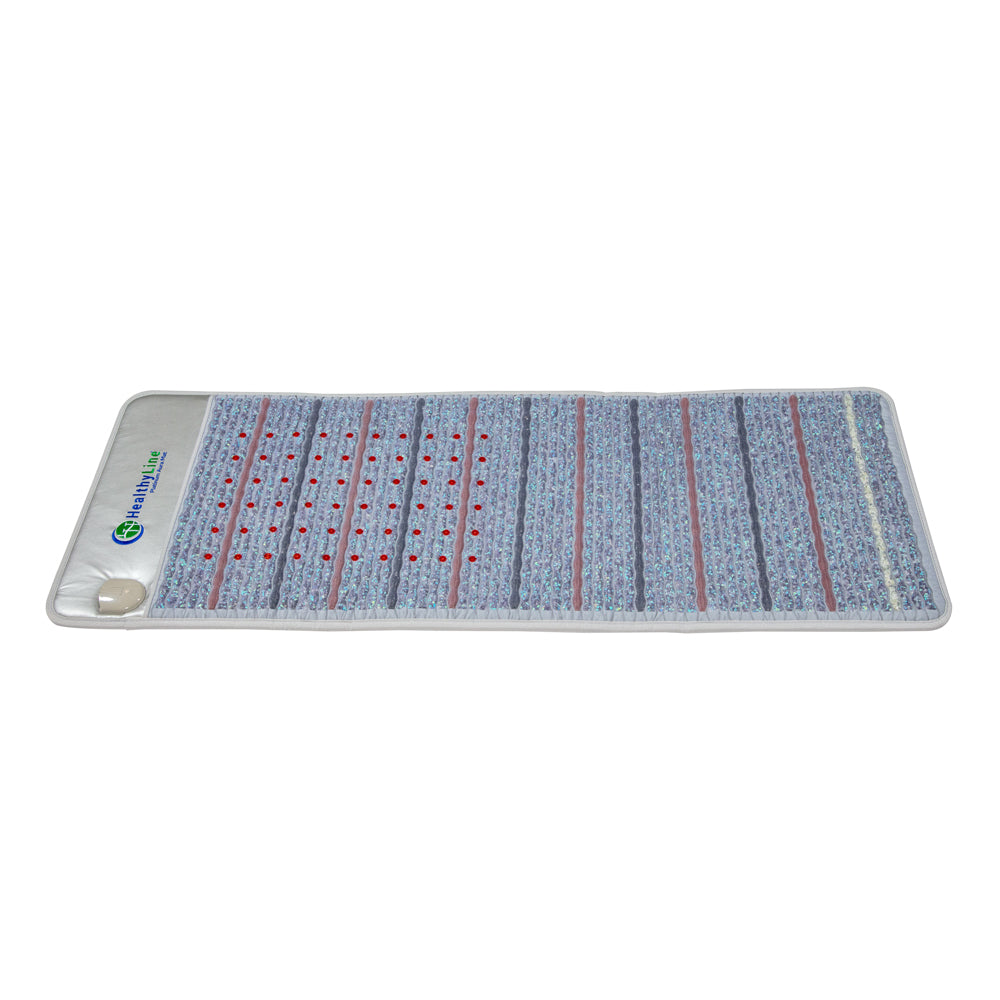 Introducing the HealthyLine Platinum Aura Mat Full Pro PLUS 7428 Firm: a therapeutic gemstone mat with amethyst aura gemstones and embedded red light, featuring a textured surface with vertical stripes, a control unit in one corner, and a top-left logo for optimal convenience.