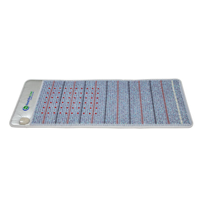 Introducing the HealthyLine Platinum Aura Mat Full Pro PLUS 7428 Firm: a therapeutic gemstone mat with amethyst aura gemstones and embedded red light, featuring a textured surface with vertical stripes, a control unit in one corner, and a top-left logo for optimal convenience.