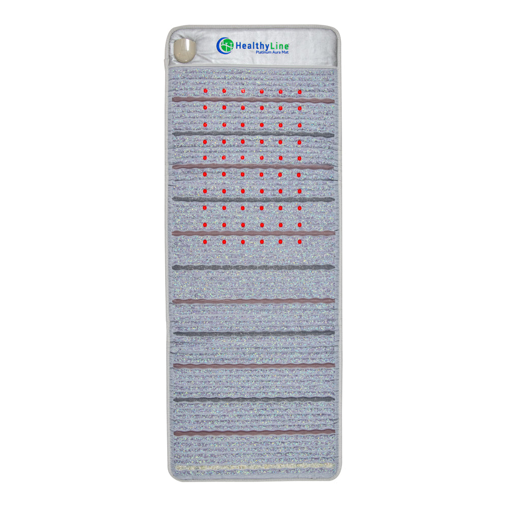 The Platinum Aura Mat Full Pro PLUS 7428 Firm by HealthyLine is a rectangular infrared heating mat with a soft surface, featuring horizontal strips and embedded red dots indicating heating elements. It's also enhanced with Amethyst aura gemstones for added benefits.