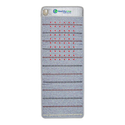 The Platinum Aura Mat Full Pro PLUS 7428 Firm by HealthyLine is a rectangular infrared heating mat with a soft surface, featuring horizontal strips and embedded red dots indicating heating elements. It's also enhanced with Amethyst aura gemstones for added benefits.