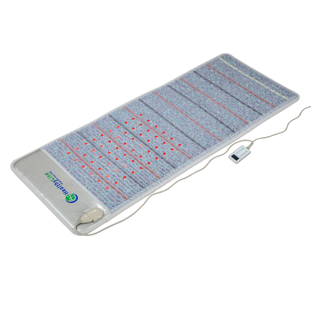 Introducing the HealthyLine Platinum Aura Mat Full Pro PLUS 7428 Firm - Photon Advanced PEMF InfraMat Pro®, a rectangular mat with a corded electronic controller. It has a textured surface with horizontal lines and small red lights, plus digital display and buttons for easy setting adjustments.