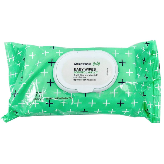 A package of McKesson Baby Wipes with Aloe and Vitamin E is displayed against a white background. The green packaging features white cross patterns, and the label emphasizes that the wipes are scented with aloe, contain Vitamin E, are alcohol-free, and have a powder-soft fragrance.