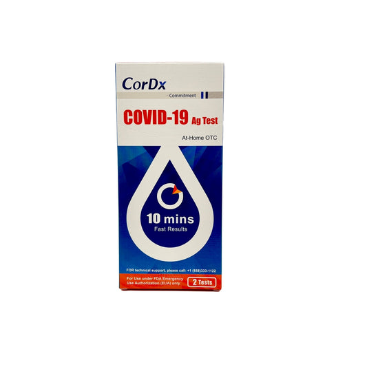 The image showcases a Unite Medical CorDx COVID-19 AT-Home Test box, an FDA & EUA Authorized OTC kit, offering "10 mins Fast Results" and containing two tests. A technical support contact number is provided at the bottom.