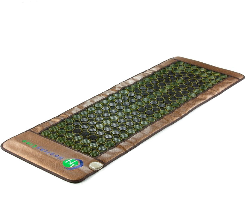 The Mesh JT Mat Full 7224 Flexible InfraMat Pro® by HealthyLine is a rectangular massage mat designed with a brown border and black and green circular patterns, enriched with jade and tourmaline. It includes an electric control panel featuring buttons and a circular emblem at the bottom left corner for far infrared therapy benefits.