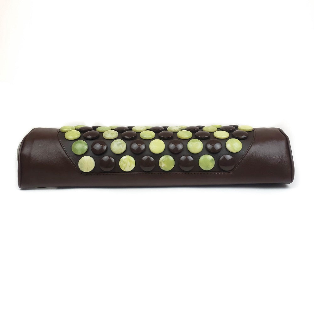 The Pebble JT Bolster Firm InfraMat Pro® by HealthyLine is a brown massage bolster pillow adorned with a grid of jade and tourmaline gemstones in different shades of green and dark brown, crafted to utilize far-infrared rays for improved relaxation.