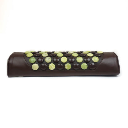 The Pebble JT Bolster Firm InfraMat Pro® by HealthyLine is a brown massage bolster pillow adorned with a grid of jade and tourmaline gemstones in different shades of green and dark brown, crafted to utilize far-infrared rays for improved relaxation.