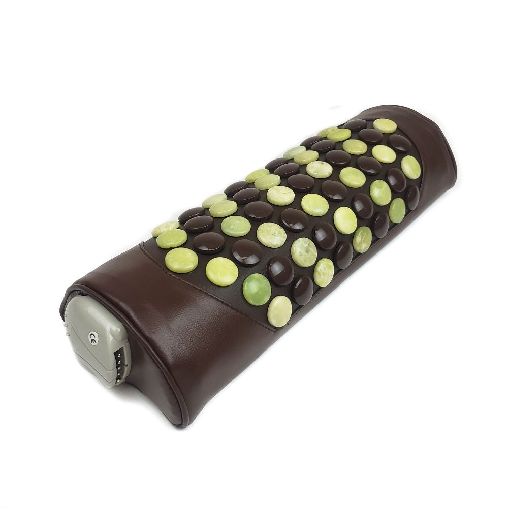 The Pebble JT Bolster Firm InfraMat Pro® by HealthyLine is a brown, rectangular massager that showcases rows of green and dark brown jade and tourmaline gemstones on its surface. It emits calming far-infrared rays and includes a control dial on one end for customized comfort.