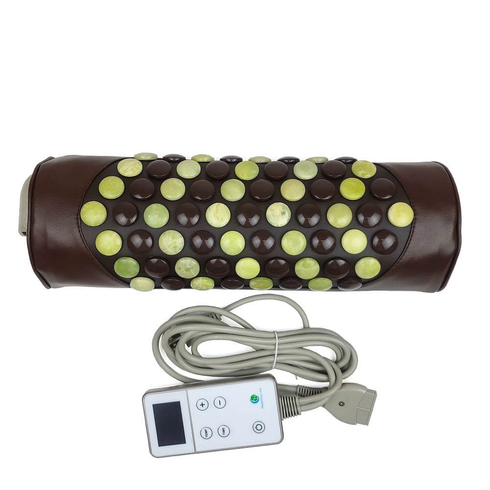 Introducing the Pebble JT Bolster Firm InfraMat Pro® by HealthyLine: a cylindrical massager pillow featuring alternating jade and tourmaline gemstones. Enjoy the soothing touch of these stones, enhanced by far-infrared rays, with easy control via a digital display panel connected by a beige cord.