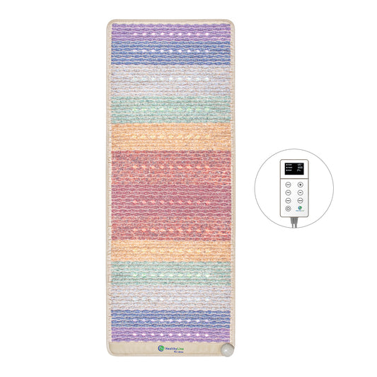 Introducing the Rainbow Chakra Mat™ Large 7428 Firm - PEMF Inframat Pro® Third Edition by HealthyLine: a vibrant heating pad featuring seven horizontal bands in purple, blue, green, yellow, orange, and pink. Equipped with a circular remote control for adjusting temperature settings, it's ideal for chakra cleansing and boosting your spiritual energy.