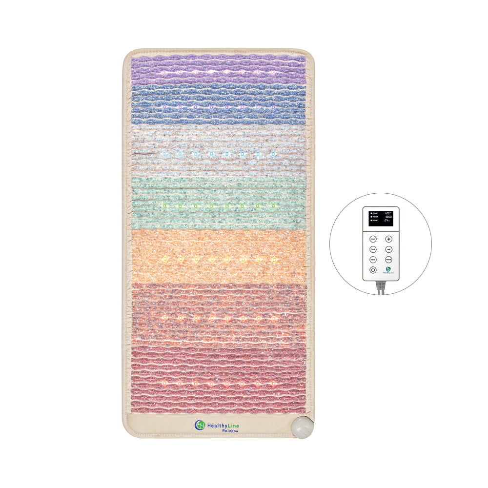 The HealthyLine Rainbow Chakra Mat™ Small 4020 Firm - Photon PEMF Inframat Pro® 3rd Edition is a rectangular therapy mat featuring layered colorful crystals in pastel hues. It emits soothing far-infrared rays and includes a digital controller with buttons and display.