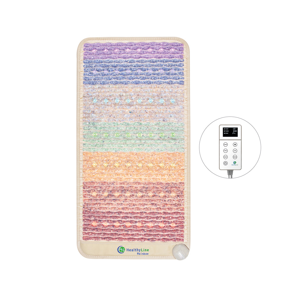 The HealthyLine Rainbow Chakra Mat™ Small 4020 Firm - Photon PEMF Inframat Pro® 3rd Edition features textured stripes in purple, blue, green, and orange with embedded gemstones. It's powered by a digital control panel to harness far-infrared rays for an enhanced experience.