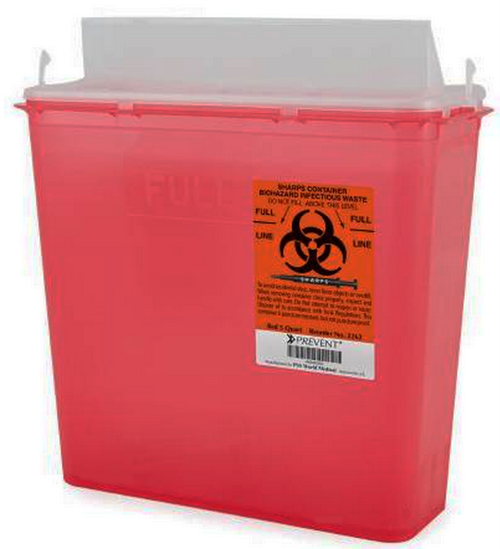 The McKesson 5 Quart Red Prevent Sharps Container has a biohazard symbol on the side, a safety label on the front, and a white lid with a slot for secure disposal of biohazardous waste.