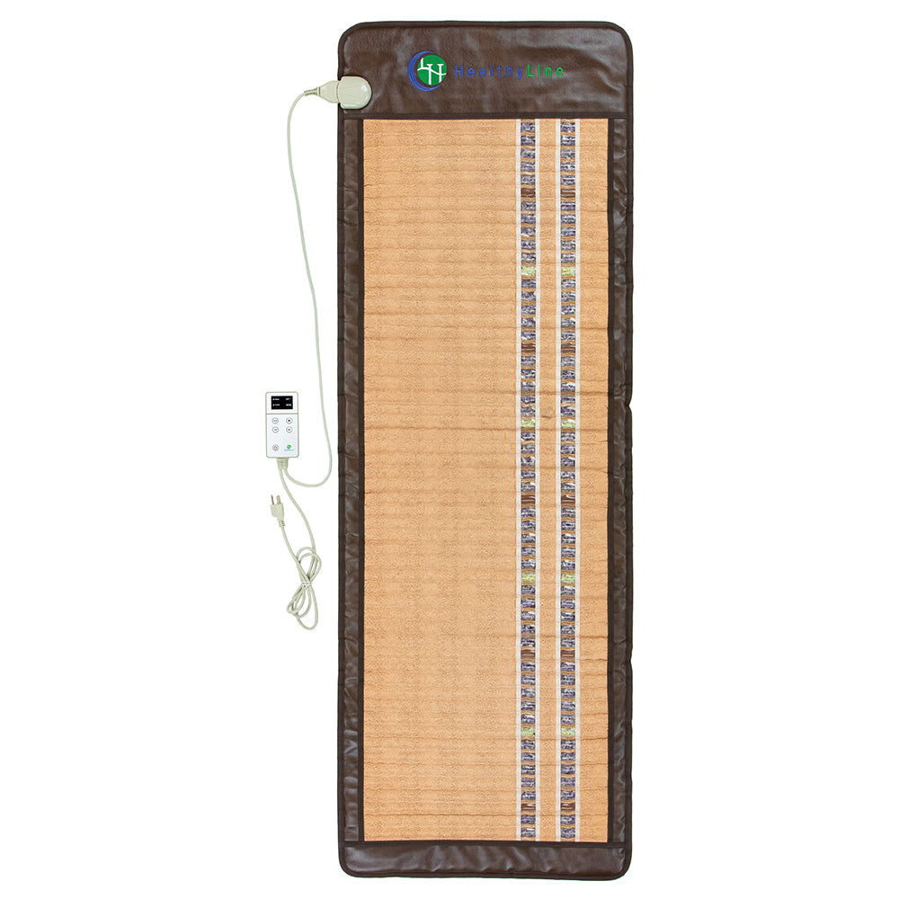 The SOFT-Mat™ Full 7224 InfraMat Pro® by HealthLine is a rectangular brown heating pad featuring vertical rows of small stones. It provides full-body therapy with its gemstone composition and comes with a cord attached to a white digital controller. The darker brown edges accentuate the "HealthLine" logo at the top.