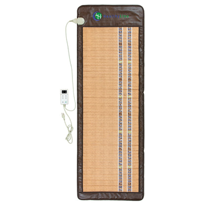 The SOFT-Mat™ Full 7224 InfraMat Pro® by HealthLine is a rectangular brown heating pad featuring vertical rows of small stones. It provides full-body therapy with its gemstone composition and comes with a cord attached to a white digital controller. The darker brown edges accentuate the "HealthLine" logo at the top.